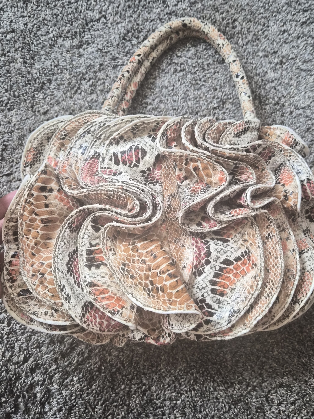 Women’s Floral Ruffle Snake Print Handbag in Beige and Coral
